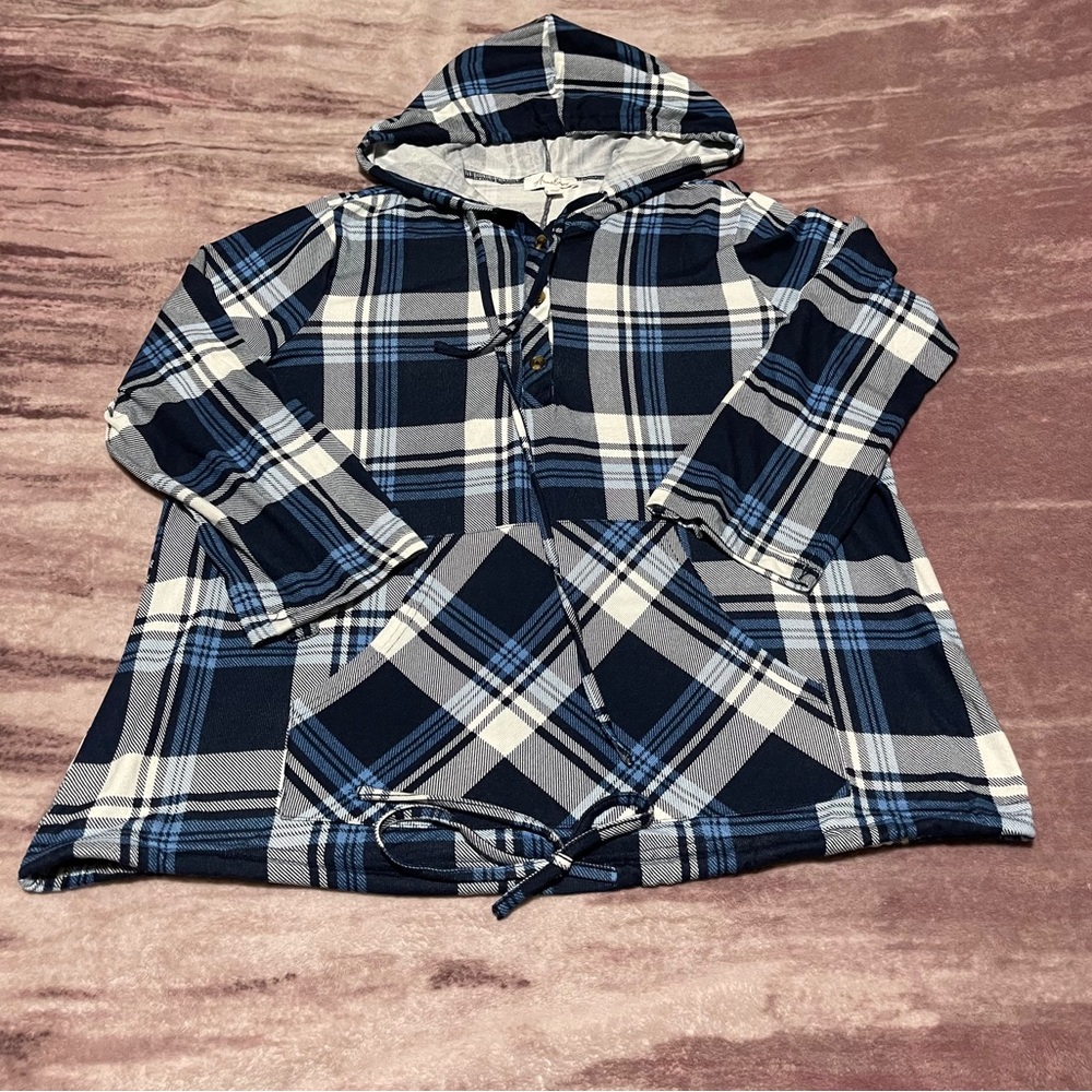 Navy Plaid Hooded Women's Top